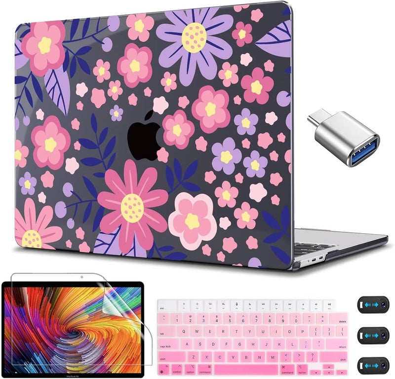 CISSOOK for MacBook Air 13 inch M4 M3 M2 Case 2025 2024 2023 2022, Hard Shell Case Keyboard Skin Screen Protector for MacBook Air 13.6 A3240 A3113 A2681, Stylized Flowers - Image 1